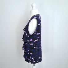 Load image into Gallery viewer, Kenneth Cole 100% Silk Top Small Tie-Dye Print Ruffles Sleeveless Zip Up Purple