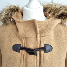 Load image into Gallery viewer, M&S Duffle Coat Camel UK 14 Faux Fur Hooded Toggle Winter Coat Caramel Lined