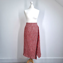 Load image into Gallery viewer, M&S Tweed Midi Skirt UK 14 Red Fringed Pencil Boucle Lined Wrap Office Smart