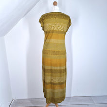 Load image into Gallery viewer, Gudrun Sjoden Dress Midi Maxi Pockets Jersey Lagenlook Mustard Striped Medium