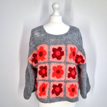 Load image into Gallery viewer, Handmade Crochet Jumper Granny Square Orange Neon Chunky Knit Floral One Size