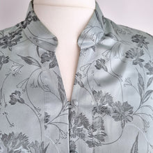 Load image into Gallery viewer, M&S Satin Blouse Chinese Qipao Jacquard Light Blue Top Short Sleeve Mock Neck 22