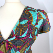 Load image into Gallery viewer, Antik Batik Blouse Top Shirred Smock Print Multicolour Turquoise Cotton Boho 12