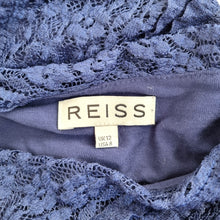 Load image into Gallery viewer, Reiss Lace Bodycon Dress UK 12 Navy Blue Ruched Occasion Evening Knee Length