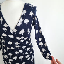 Load image into Gallery viewer, Phase Eight Dress Jersey Faux Wrap Navy Tree Print Stretch Work Office Knee 12