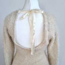 Load image into Gallery viewer, Y2K Fuzzy Knit Dress Cream Open Back Tie Bodycon One Size Boutique Jumper Winter