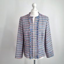Load image into Gallery viewer, Frank Walder Boucle Jacket UK 14 Tweed Sequins Blazer Blue Orange Work Zip Chic