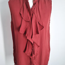 Load image into Gallery viewer, Reiss 100% Silk Top Sleeveless UK 8 Rust Red Ruffles Button Down Elias Blouse