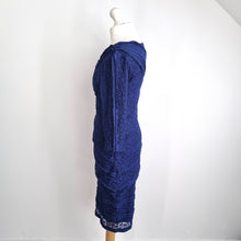 Load image into Gallery viewer, Reiss Lace Bodycon Dress UK 12 Navy Blue Ruched Occasion Evening Knee Length