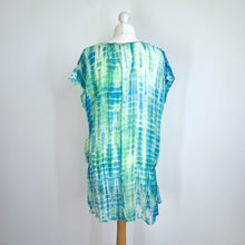 Load image into Gallery viewer, Warehouse 100% Silk Top Tunic Large Tie-Dye Blue Green Blouse Beach Coverup
