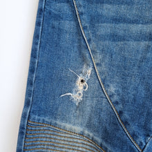 Load image into Gallery viewer, Zara Biker Jeans Distressed Skinny Zips Mid Blue Slim Ripped High Rise 40 UK 12