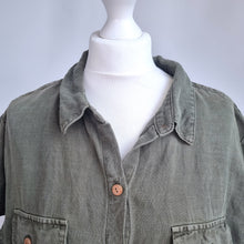 Load image into Gallery viewer, Nicole Miller Shirt Dress XL Linen Blend Khaki Green Button Down Safari Pockets