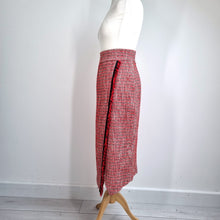 Load image into Gallery viewer, M&S Tweed Midi Skirt UK 14 Red Fringed Pencil Boucle Lined Wrap Office Smart