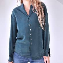 Load image into Gallery viewer, Vintage Monsoon Blouse 100% Silk Dark Green Embroidered Long Sleeves Boho Medium