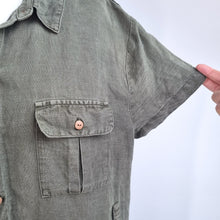 Load image into Gallery viewer, Nicole Miller Shirt Dress XL Linen Blend Khaki Green Button Down Safari Pockets