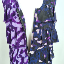 Load image into Gallery viewer, Kenneth Cole 100% Silk Top Small Tie-Dye Print Ruffles Sleeveless Zip Up Purple
