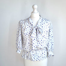 Load image into Gallery viewer, Vintage Hamells 80s Blouse White Purple Polka Dot Pussy Bow Tie Peplum 12 Petit