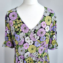 Load image into Gallery viewer, Blue Vanilla Midi Dress UK 14 Long Floral Print Lilac Yellow Buffet Boho Stretch