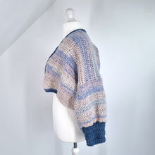 Load image into Gallery viewer, Handmade Crochet Cardigan Blue Beige Oversized Chunky Knit Granny 3/4 Sleeve XXL