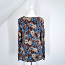 Load image into Gallery viewer, Gudrun Sjoden Top T-shirt Long Sleeves Floral Print Brown Scoop Waterfall Small