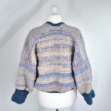 Load image into Gallery viewer, Handmade Crochet Cardigan Blue Beige Oversized Chunky Knit Granny 3/4 Sleeve XXL