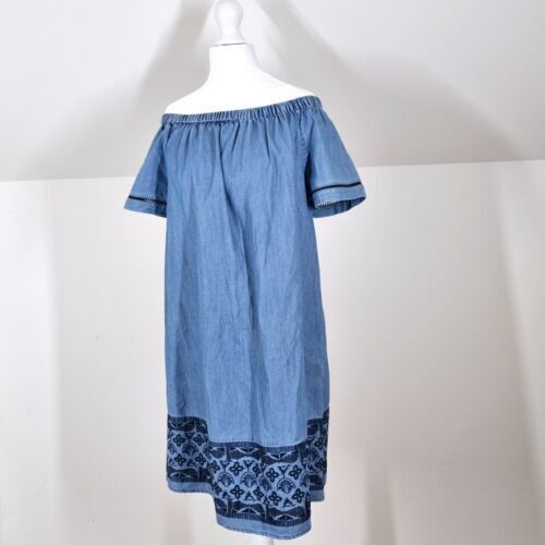 White Stuff Dress Denim Chambray Off the Shoulder Bardot Blue Embroidered 8