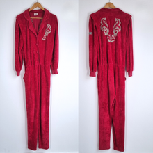 Load image into Gallery viewer, Vintage 80s Velour Jumpsuit Red Tribal Graphic UK Made Oversized Unisex M
