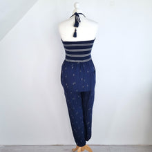 Load image into Gallery viewer, Fat Face Jumpsuit Shirred Tapered Navy Blue Tasseled Halterneck Holiday 10
