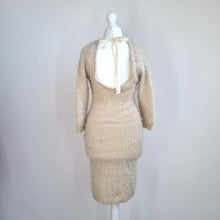 Load image into Gallery viewer, Y2K Fuzzy Knit Dress Cream Open Back Tie Bodycon One Size Boutique Jumper Winter
