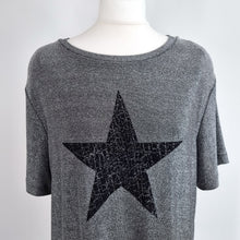 Load image into Gallery viewer, Hush Sparkly T-shirt Star Print Silver Grey Top Shoulder Pads Party Medium
