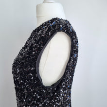 Load image into Gallery viewer, M&amp;S Sequin Midi Dress Size 18 Black Wiggle Lined Ruched Sleeveless Xmas Party
