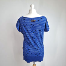 Load image into Gallery viewer, Naketano Tunic Top Blue Bird Print Striped Size Large Cotton Blend Jersey Bardot
