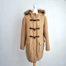 Load image into Gallery viewer, M&amp;S Duffle Coat Camel UK 14 Faux Fur Hooded Toggle Winter Coat Caramel Lined
