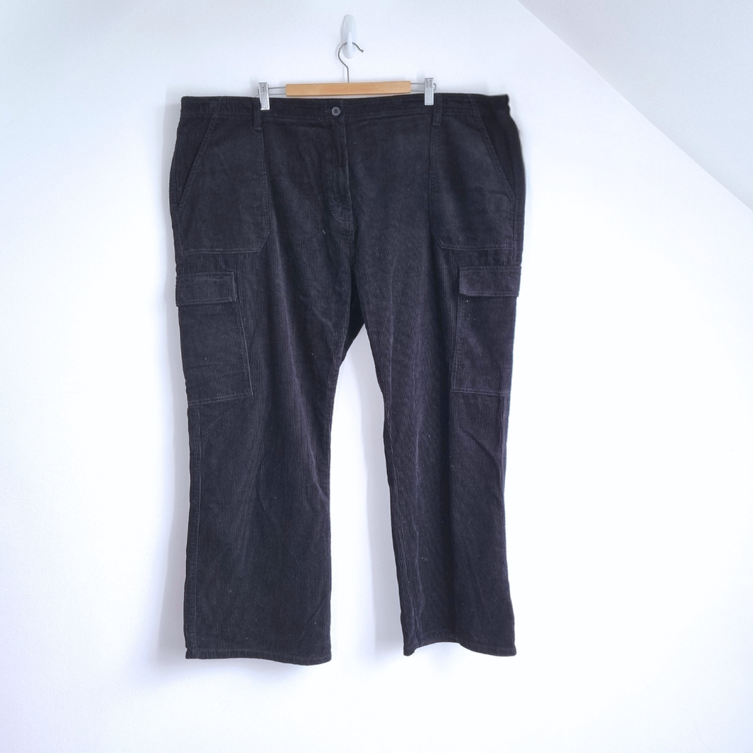 Next Corduroy Cargo Trousers UK 24 R Black Wide Leg High Rise Pockets Cotton