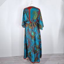 Load image into Gallery viewer, All About Audrey Dress Recycled Saree Maxi Blue Paisley Kaftan Vintage India M L
