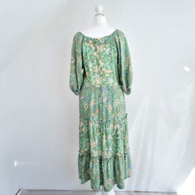 Load image into Gallery viewer, Vintage Prairie Dress Midi Floral Print Mint Green Tiered Peasant Boho 8 10
