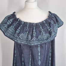 Load image into Gallery viewer, Mantaray Off Shoulder Dress Blue Boho Peasant Smock Embroidered Festival Large
