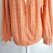 Load image into Gallery viewer, Monsoon Pointelle Knit Cardigan Small Peach Soft Fluffy Bow Cuff Pastel Scallop
