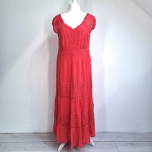 Load image into Gallery viewer, Roman Maxi Dress Broderie Anglaise 16 Coral Red Milkmaid 100% Cotton Summer Boho
