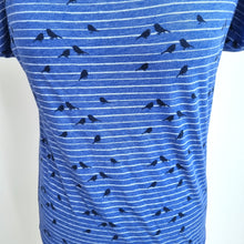 Load image into Gallery viewer, Naketano Tunic Top Blue Bird Print Striped Size Large Cotton Blend Jersey Bardot
