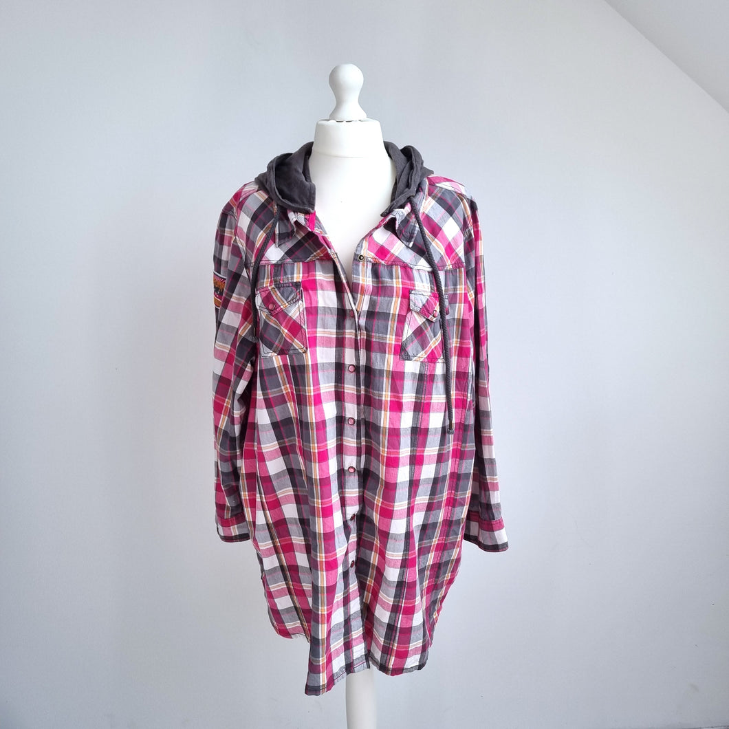 Joe Browns Shirt Plaid Removable Hood Check Snap Pink Cotton Tunic Plus Size 32