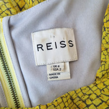 Load image into Gallery viewer, Reiss Cocktail Dress Sheath 100% Silk Yellow Karina Lined Occasion Knee Print 6
