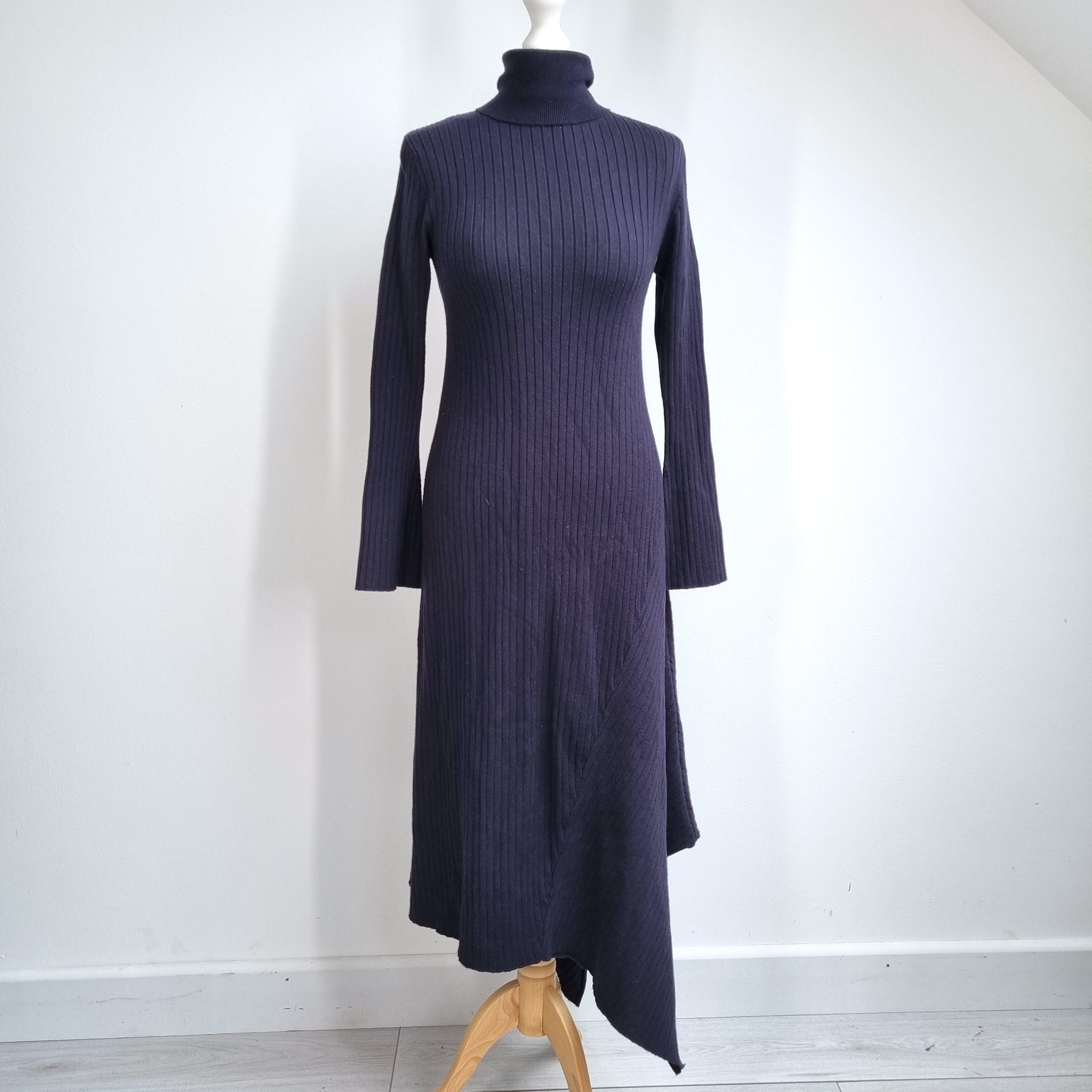 Zara Midi Jumper Dress Medium Ribbed Knit Turtleneck Navy Asymmetric S – Found So Pretty