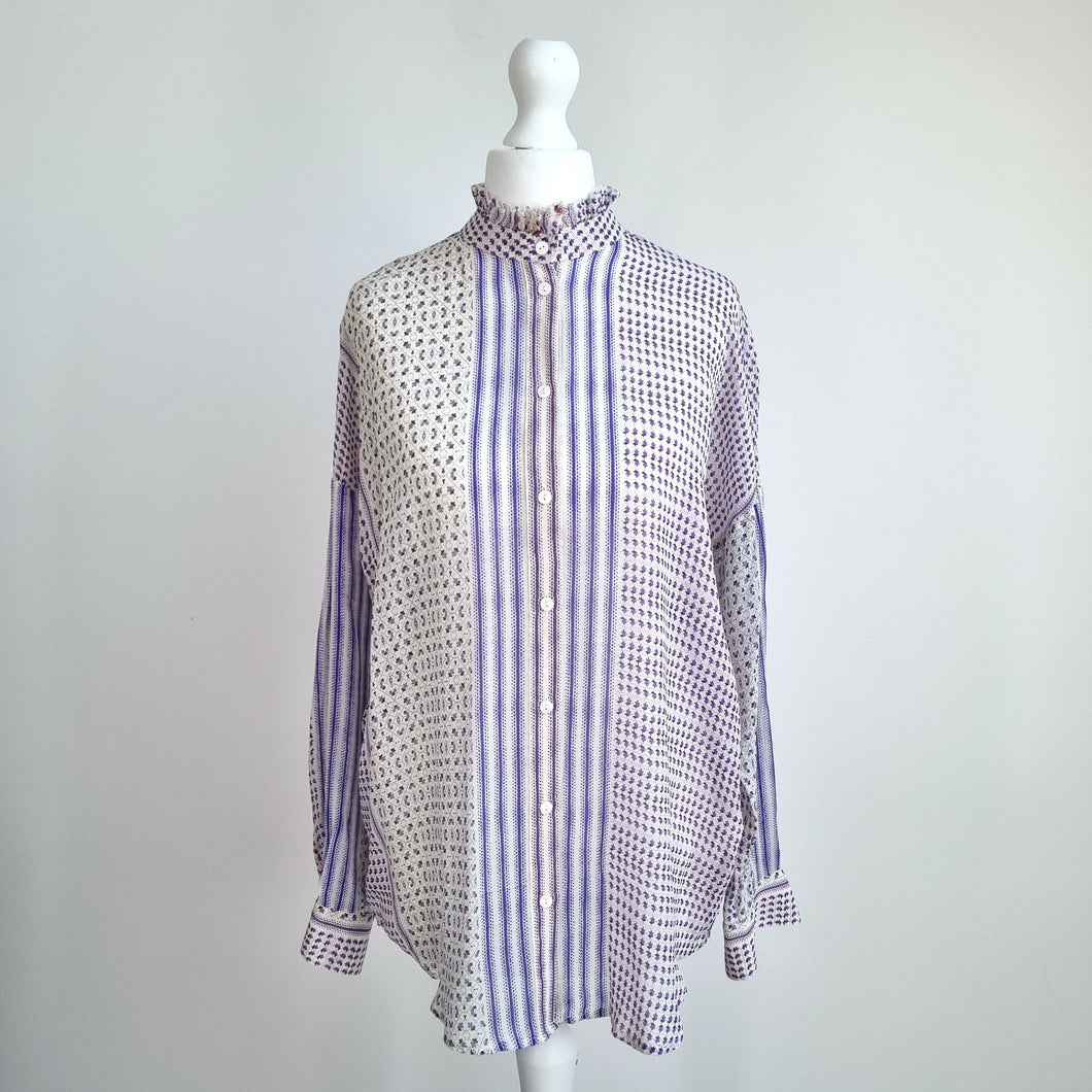 Hoss Intropia Blouse 100% Silk Frilly Mock Neck Ditsy Floral Lilac Chiffon UK 8