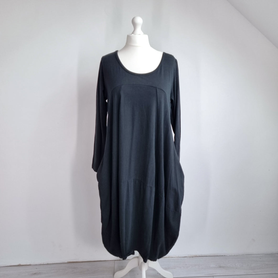 Diverse Italy Midi Dress Lagenlook One Size Balloon Black Pockets Jersey Cotton
