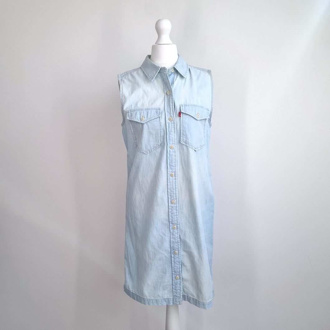 Levi's Denim Dress Sleeveless Shirt Light Blue Wash Mini Button Down Size XS