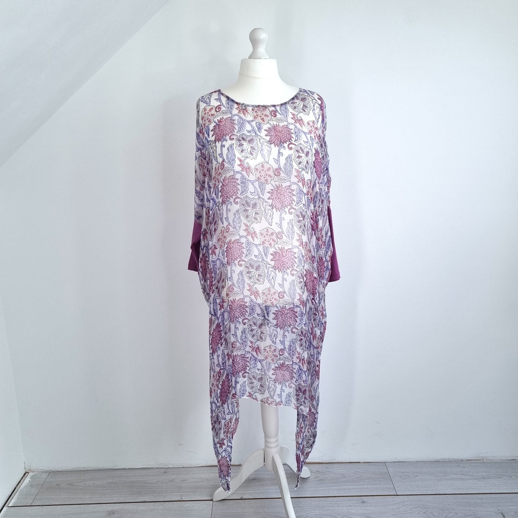 Nila Rubia Beach Coverup Dress Chiffon Sheer Kaftan Tunic Purple Floral One Size