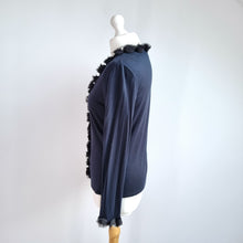 Load image into Gallery viewer, East Flower Trim Cardigan Top Medium Navy Black Long Sleeve Stretch Jersey
