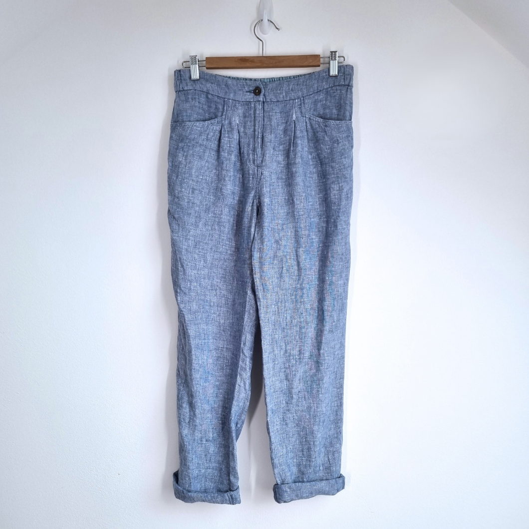 White Stuff Trousers 100% Linen 10 Light Blue Pleated Elastic Waist High Rise