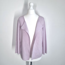 Load image into Gallery viewer, Madeleine 100% Cashmere Cardigan UK 8 Lilac Wrap Button Ribbed Knit 3/4 Sleeve
